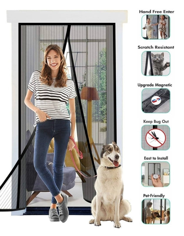 Magnetic mesh screen door with upgraded magnets, scratch-resistant, pet-friendly and easy to install.