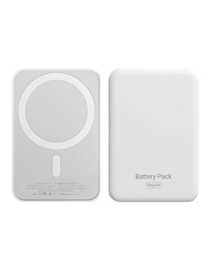 White MagSafe magnetic battery pack with circular charging coil and battery pack label