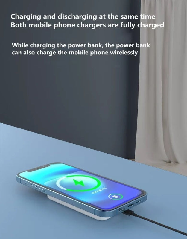 iPhone charging wirelessly on magnetic battery pack with cable connected
