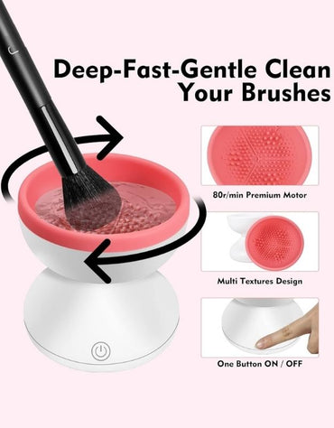 Automatic brush cleaning machine for small and large makeup brushes.
