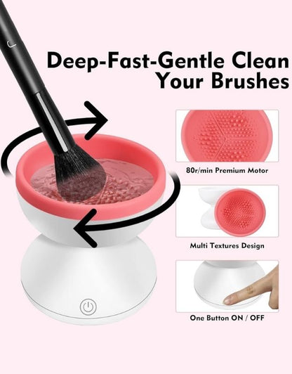 Automatic brush cleaning machine for small and large makeup brushes.