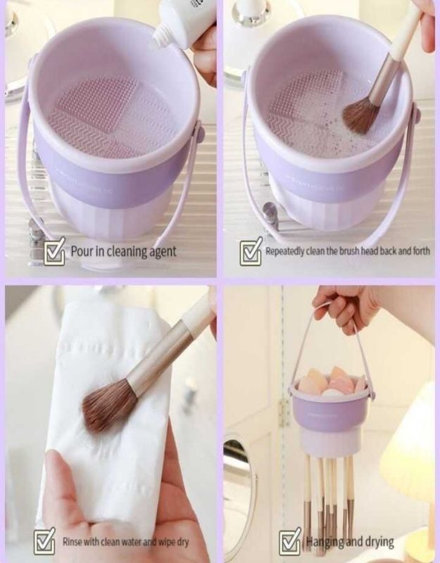 Step by step guide showing makeup brush cleaning bucket with washing and drying process.