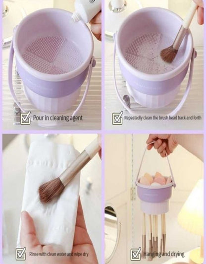Step by step guide showing makeup brush cleaning bucket with washing and drying process.
