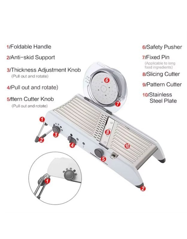 Slicer with labeled features on a white background. Mandoline slicer with labeled features including adjustable thickness and stainless steel plate.