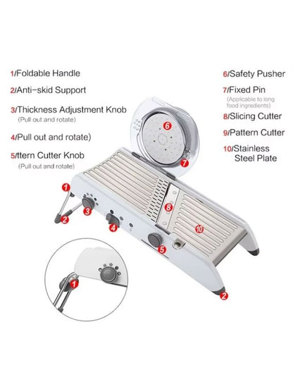 Slicer with labeled features on a white background. Mandoline slicer with labeled features including adjustable thickness and stainless steel plate.