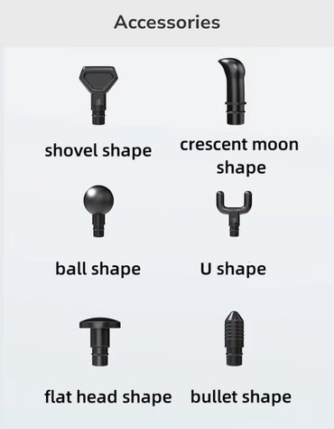 Massage gun accessories including shovel, crescent, ball, U shape, flat head, and bullet head.