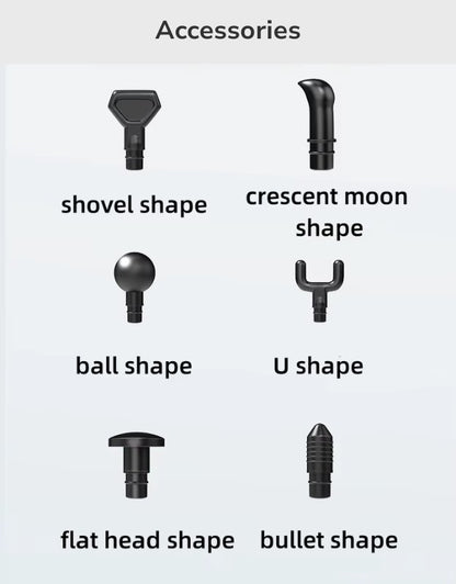 Massage gun accessories including shovel, crescent, ball, U shape, flat head, and bullet head.