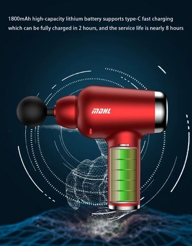 Red massage gun showing battery life and fast charging feature.