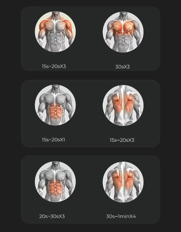 Massage gun guide for chest, abs, and back muscle therapy.