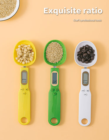 Colorful digital spoon scales for precise kitchen measurement of grains and coffee.