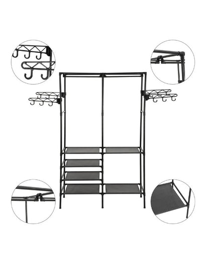 Details of metal clothes rack wardrobe organizer showing hooks, shelves, and frame design.