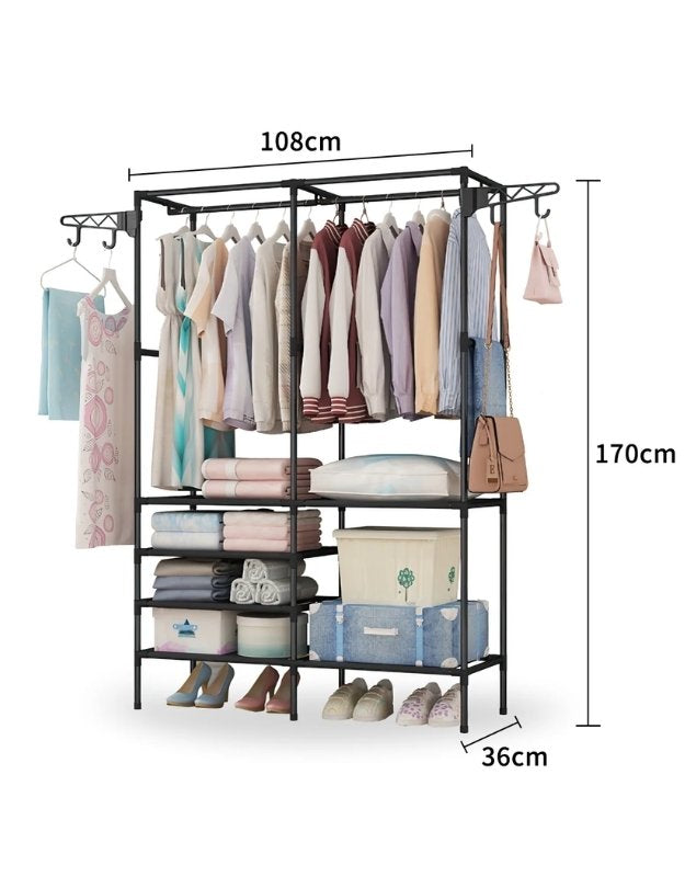 Metal clothes rack wardrobe organizer with shelves and hanging rods, size 108 x 170 x 36 cm.