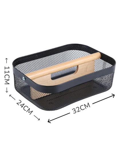 Black metal mesh fruit basket with wooden handle showing size dimensions 32x24x11 cm.