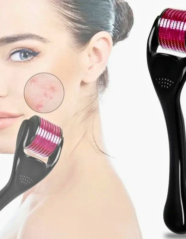 Woman using 0.75mm microneedle derma roller for acne scar treatment and skin regeneratio