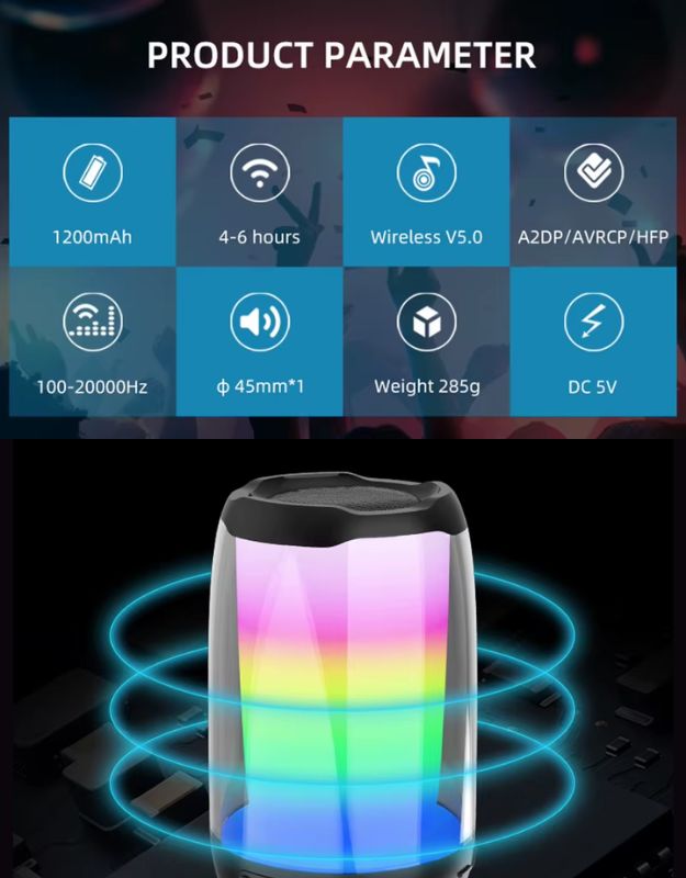 Bluetooth wireless speaker showing technical specifications and LED light design. Portable mini wireless speaker with colorful LED lights, front view.