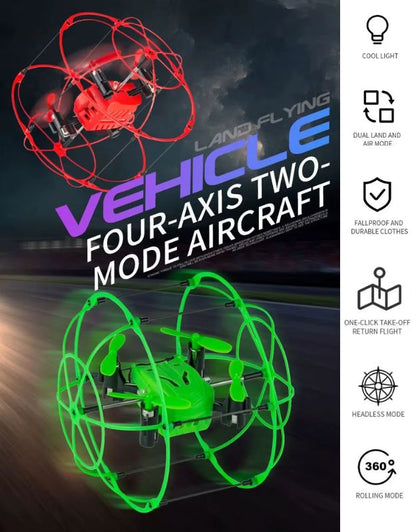 Promotional poster showing red and green mini drones with protective cages and key features.