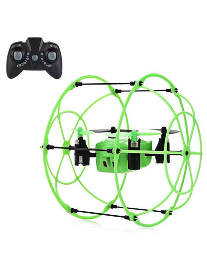 A green RC drone with a protective cage and a remote control, designed for wall climbing and aerial play.
