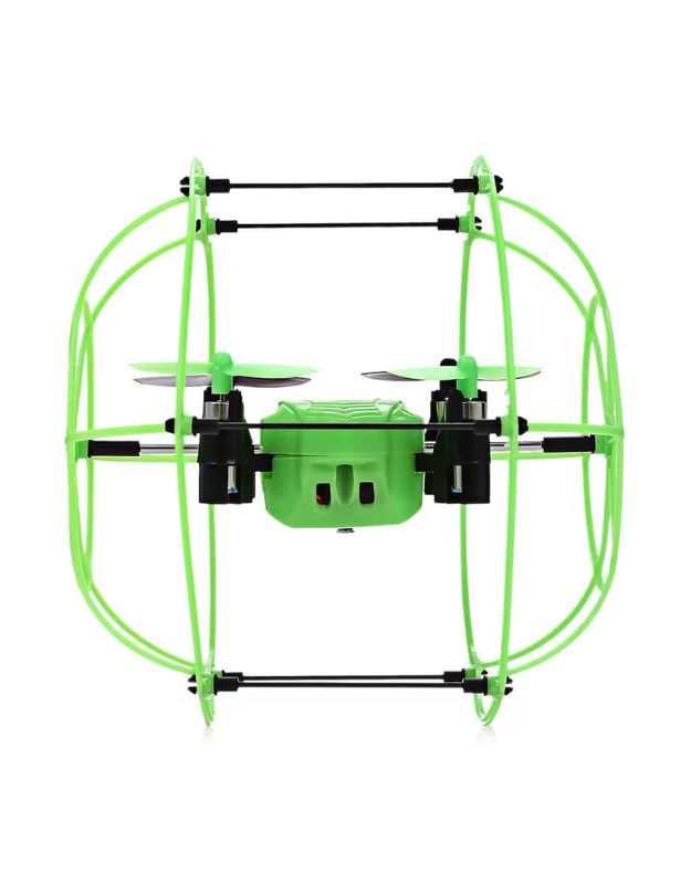 Side view of green mini drone with protective cage.