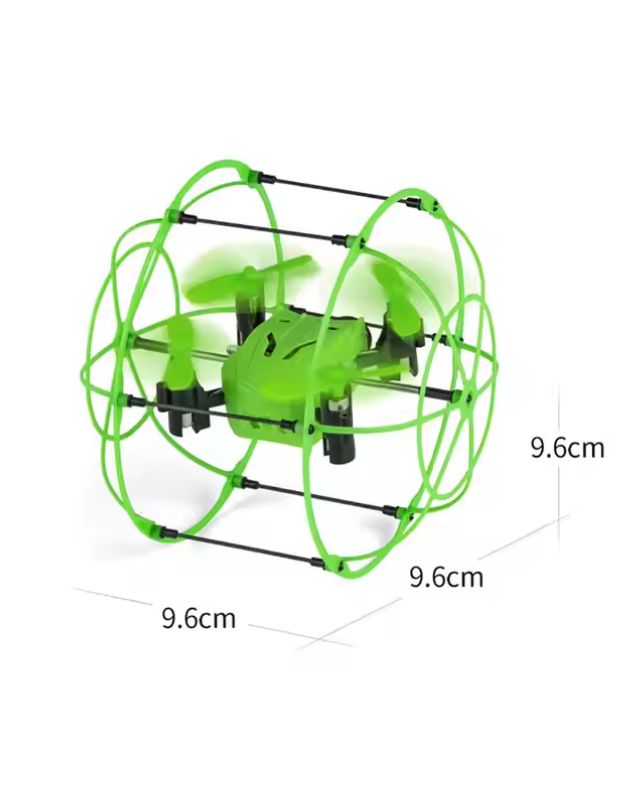 Green mini drone with protective cage showing 9.6 cm dimensions.