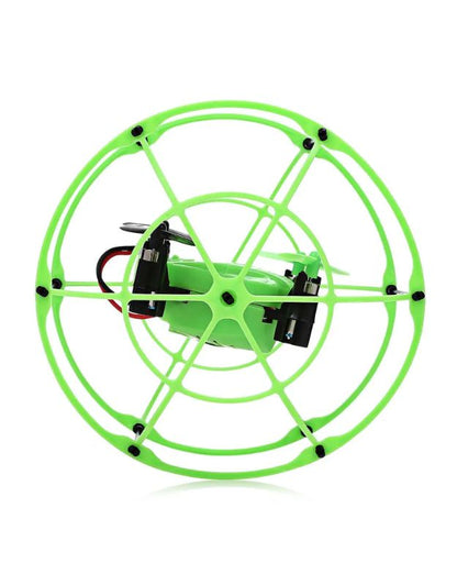 Top view of green mini drone with protective cage.