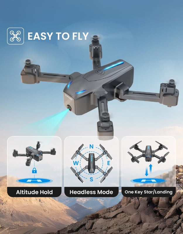 Easy to fly mini foldable drone with altitude hold, headless mode, and one-key landing