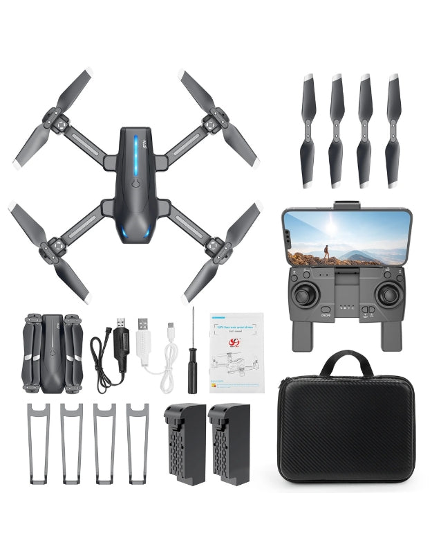 Mini foldable drone full kit with propellers, controller, batteries, and carry case