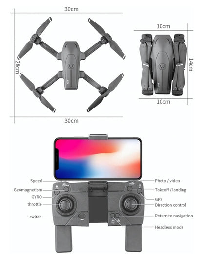 Mini foldable drone size chart with remote controller functions and specifications