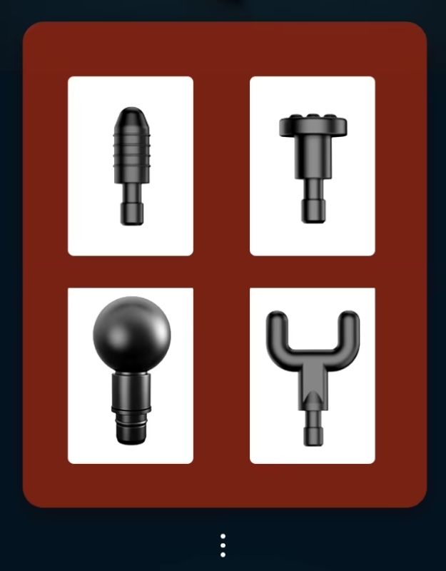 Set of four massage gun heads including bullet, flat, round, and fork attachments.