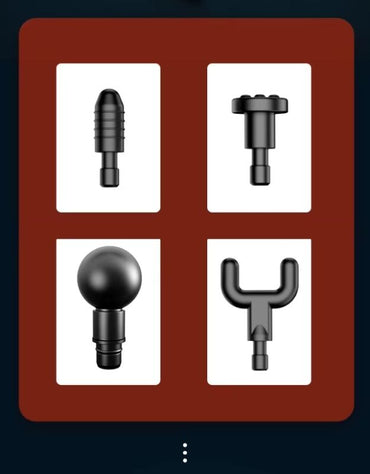 Set of four massage gun heads including bullet, flat, round, and fork attachments.