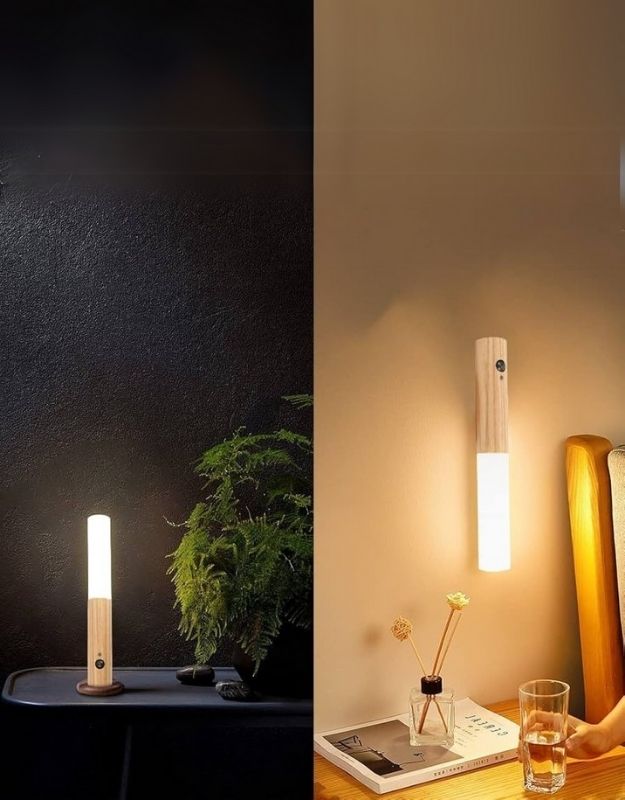 LED wooden lamp used as wall light and bedside night lamp.