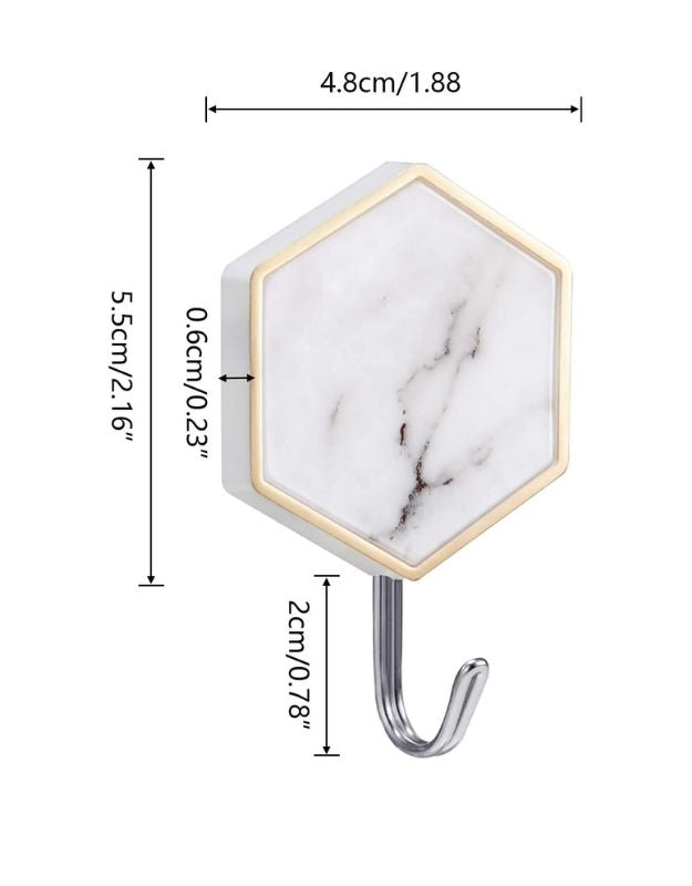 Hexagon marble adhesive wall hook with size dimensions in centimeters.