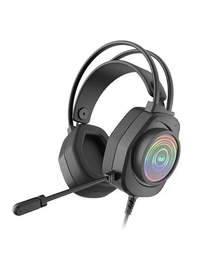 A black gaming headset with multicolored RGB light on the ear cup and a flexible boom microphone, designed for comfort and immersive audio experience.