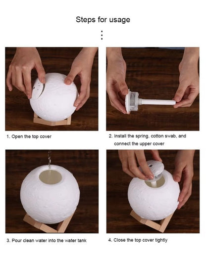 Step by step guide showing how to open, fill, and assemble the moon lamp humidifier.