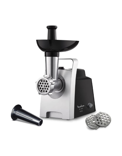 Moulinex 1400W meat grinder with mincing head and accessories including sausage cone and metal plates on white background