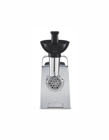 Front view of Moulinex 1400W meat grinder with metal mincing plate and black top funnel