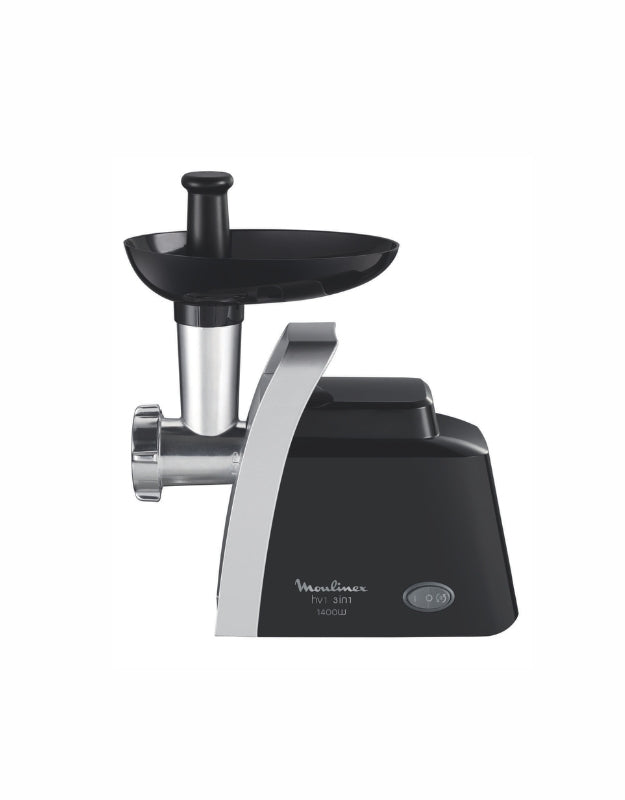 Side view of Moulinex 1400W meat grinder showing stainless steel tube and black body design