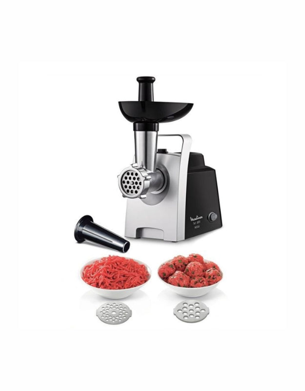 Moulinex 1400W meat grinder with accessories and food samples of ground meat and meatballs