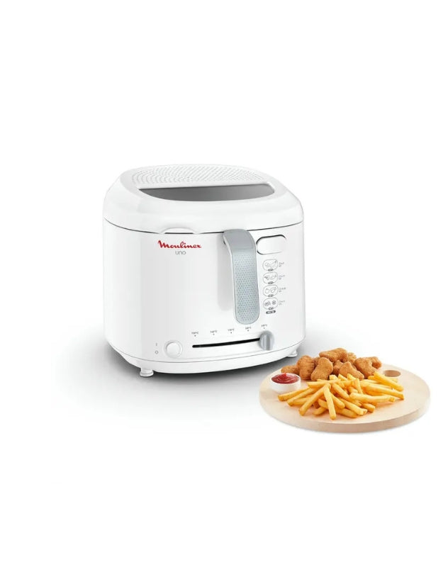 Moulinex 1470W Uno electric fryer with fries and nuggets on a wooden plate
