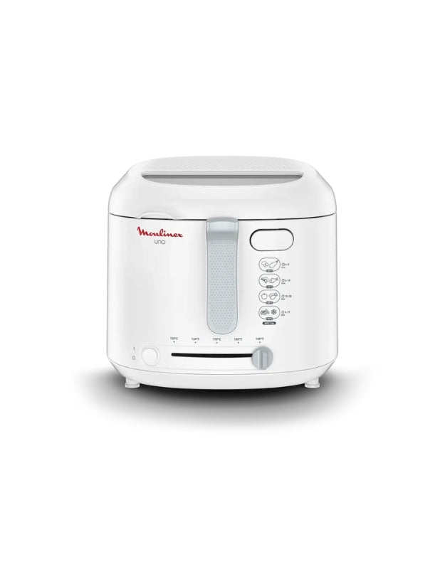 Moulinex Uno 1470W electric fryer front view with temperature control and indicator lights