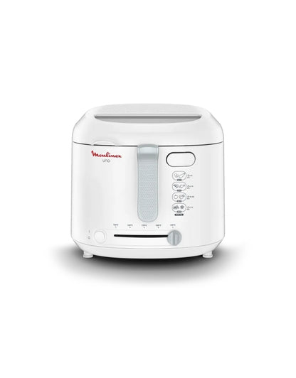 Moulinex Uno 1470W electric fryer front view with temperature control and indicator lights