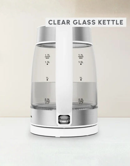 Moulinex clear glass electric kettle 1.7L showing visible measurement marks and handle view