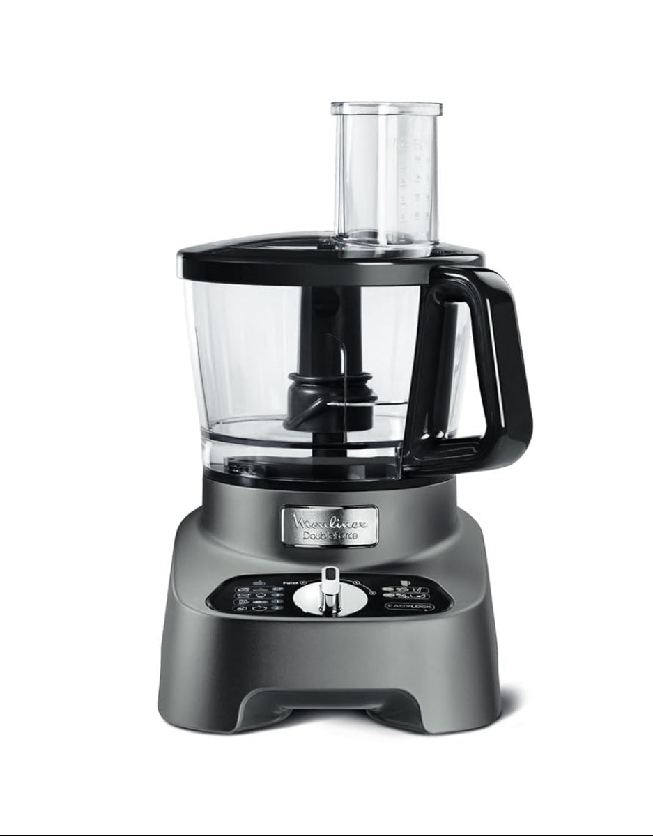 Front view of Moulinex Double Force multifunction food processor with dual motor system and clear mixing bowl