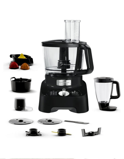 Moulinex Double Force multifunction food processor with 8 accessories for slicing, grating, mixing, and blending