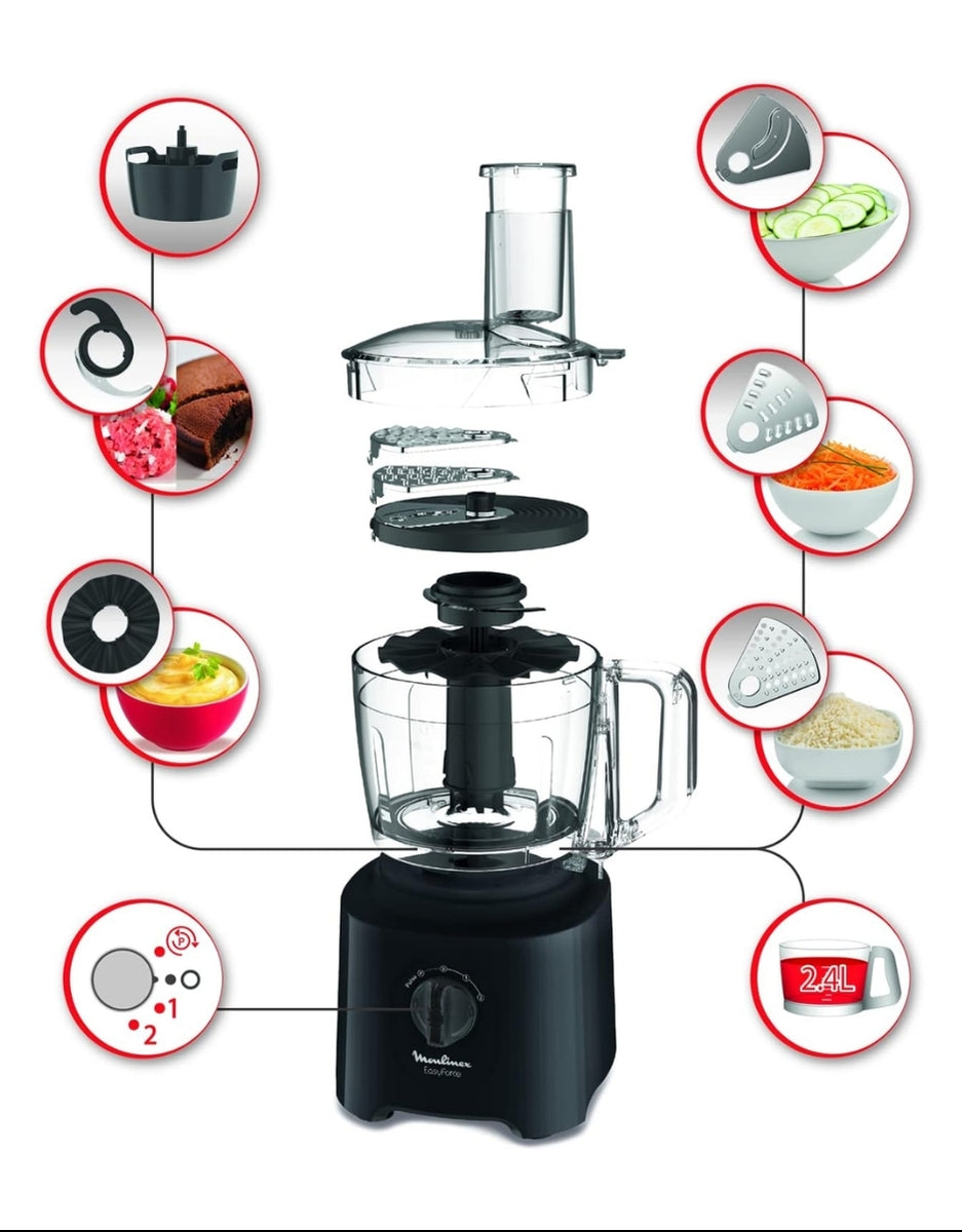 Moulinex Easy Force multifunction food processor diagram highlighting slicing, grating, dough, and 2.4L bowl capacity features