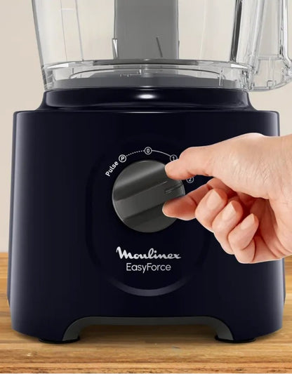 Close-up of Moulinex Easy Force food processor control dial being turned by hand for speed adjustment