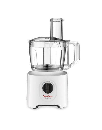 Moulinex Easy Force multifunction food processor in white featuring clear bowl and compact kitchen-friendly design