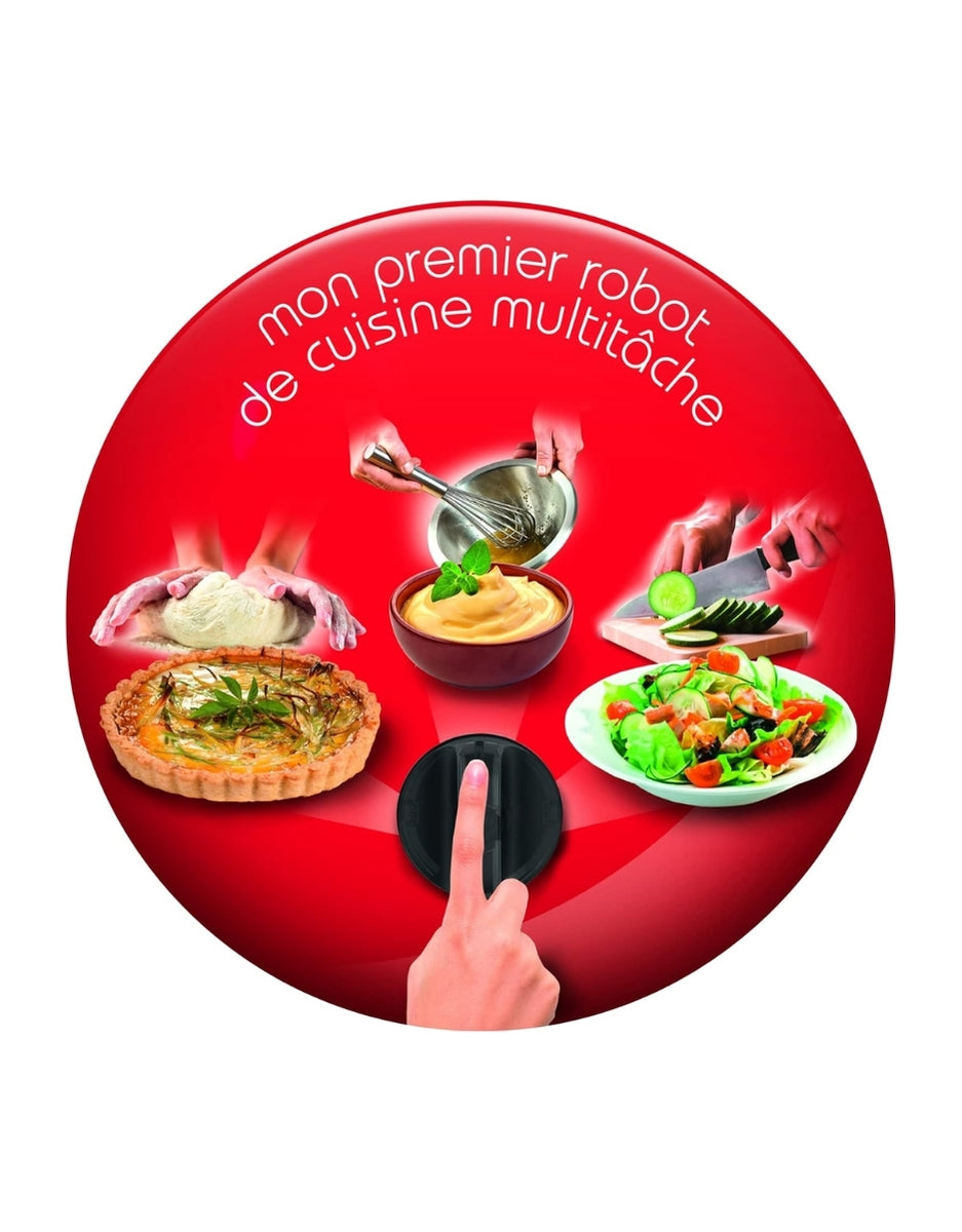 Moulinex Easy Force multifunction robot illustration showing food preparation options like dough, puree, slicing, and salads