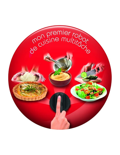 Moulinex Easy Force multifunction robot illustration showing food preparation options like dough, puree, slicing, and salads