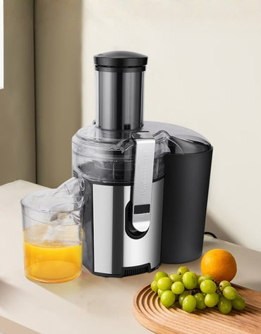 Moulinex Easy Fruit Juicer 800W Metal in modern kitchen setting with fresh juice and fruits beside it