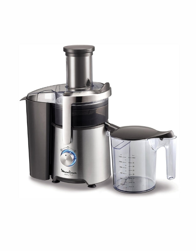Moulinex Easy Fruit Juicer 800W Metal with transparent jug and stainless steel body on white background